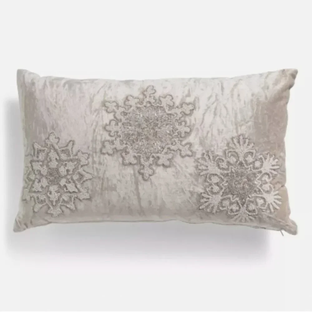 Magaschoni Velvet Beaded Snowflakes Accent Pillow Champagne Christmas Holidays